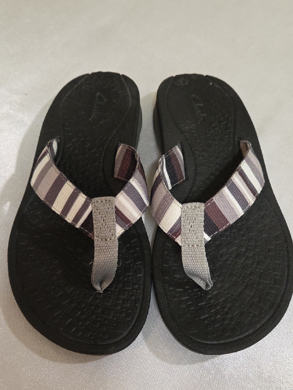 Clarks Black Sandals with Gray and Brown Striped Straps